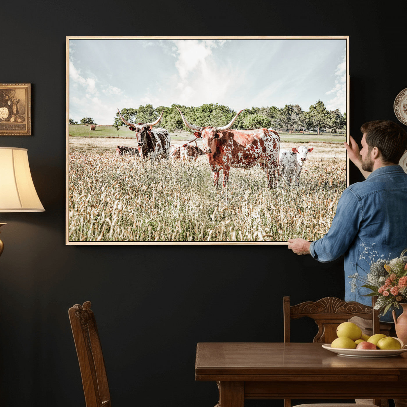 21823552-MGV-CV-36X24 - Texas Longhorn Cattle Wall Art Canvas Print, Rustic Ranch Landscape Artwork, Western Farm Field Scene, Country Prairie Animal Canvas Wall Art