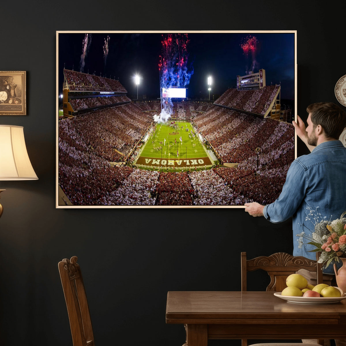 43197777-MGV-CV-36X24 - Oklahoma Memorial Stadium Wall Art Canvas Print – Oklahoma Sooners Football Artwork for Home, Office, and Sports Room Decor