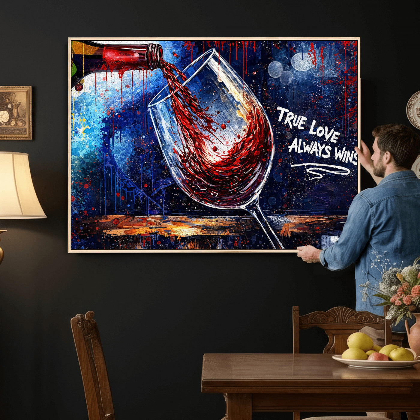 88788932-MGV-CV-36X24 - Red Wine Splash Abstract Wall Art Canvas Print, Modern Wine Glass Painting Canvas Print, Romantic Quote Contemporary Bar Art Print