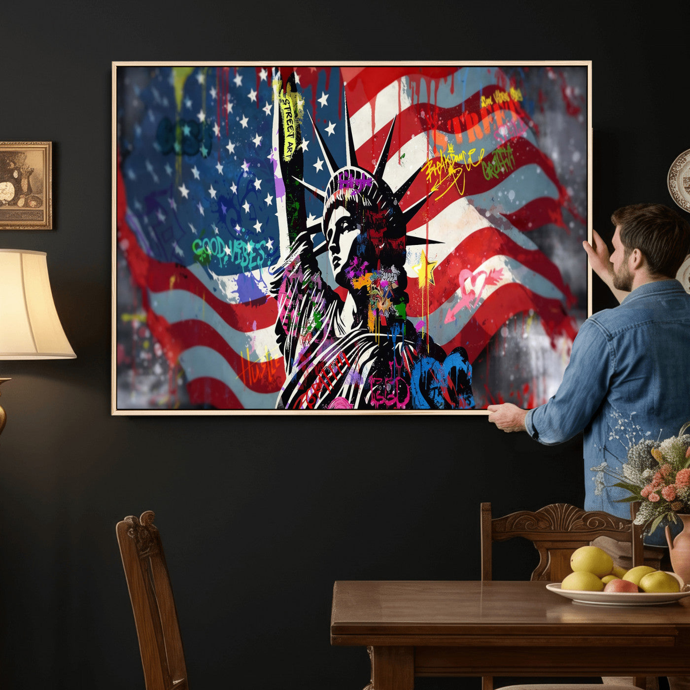 32151941-MGV-CV-36X24 - USA Statue of Liberty Graffiti Street Art Wall Art Canvas Print, American Flag Urban Pop Art Canvas Print, Modern Patriotic Street Art Contemporary Art Printing