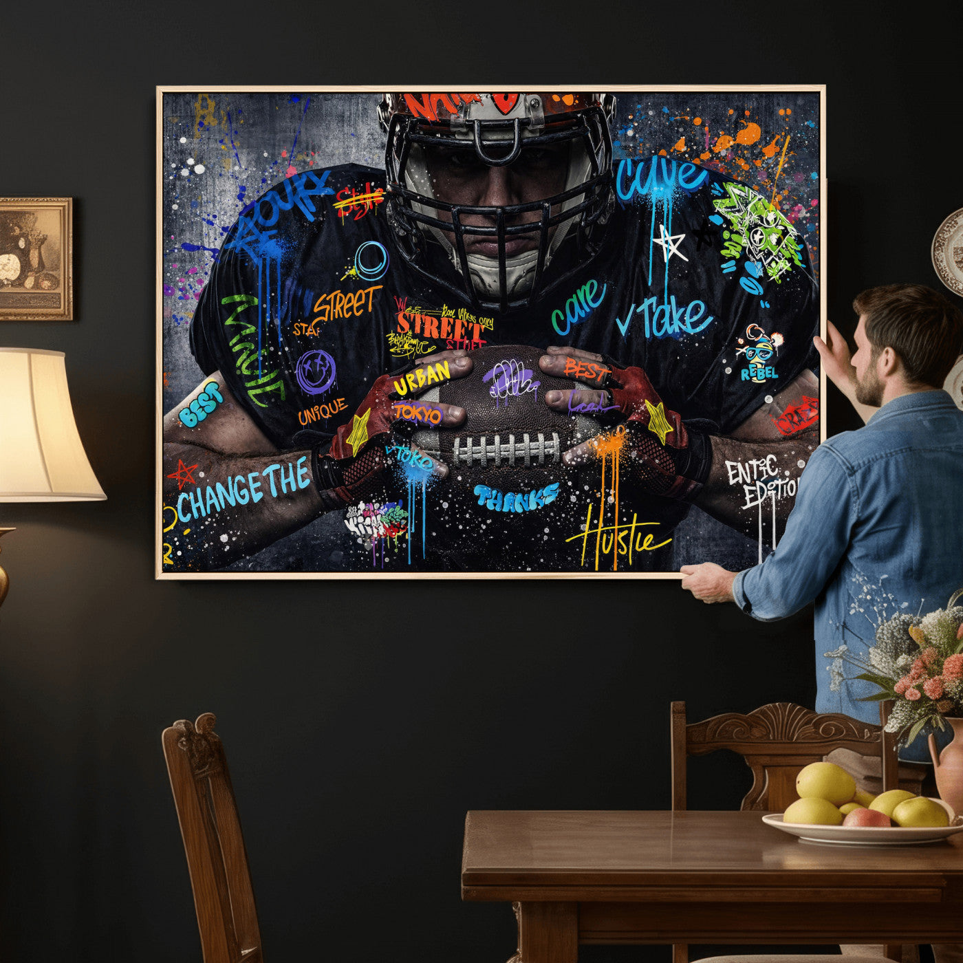 55267256-MGV-CV-36X24 - Graffiti American Football Player Street Art Wall Art Canvas Print, Urban Sports Pop Art Football Canvas Print, Modern Athletic Graffiti Contemporary Art Printing