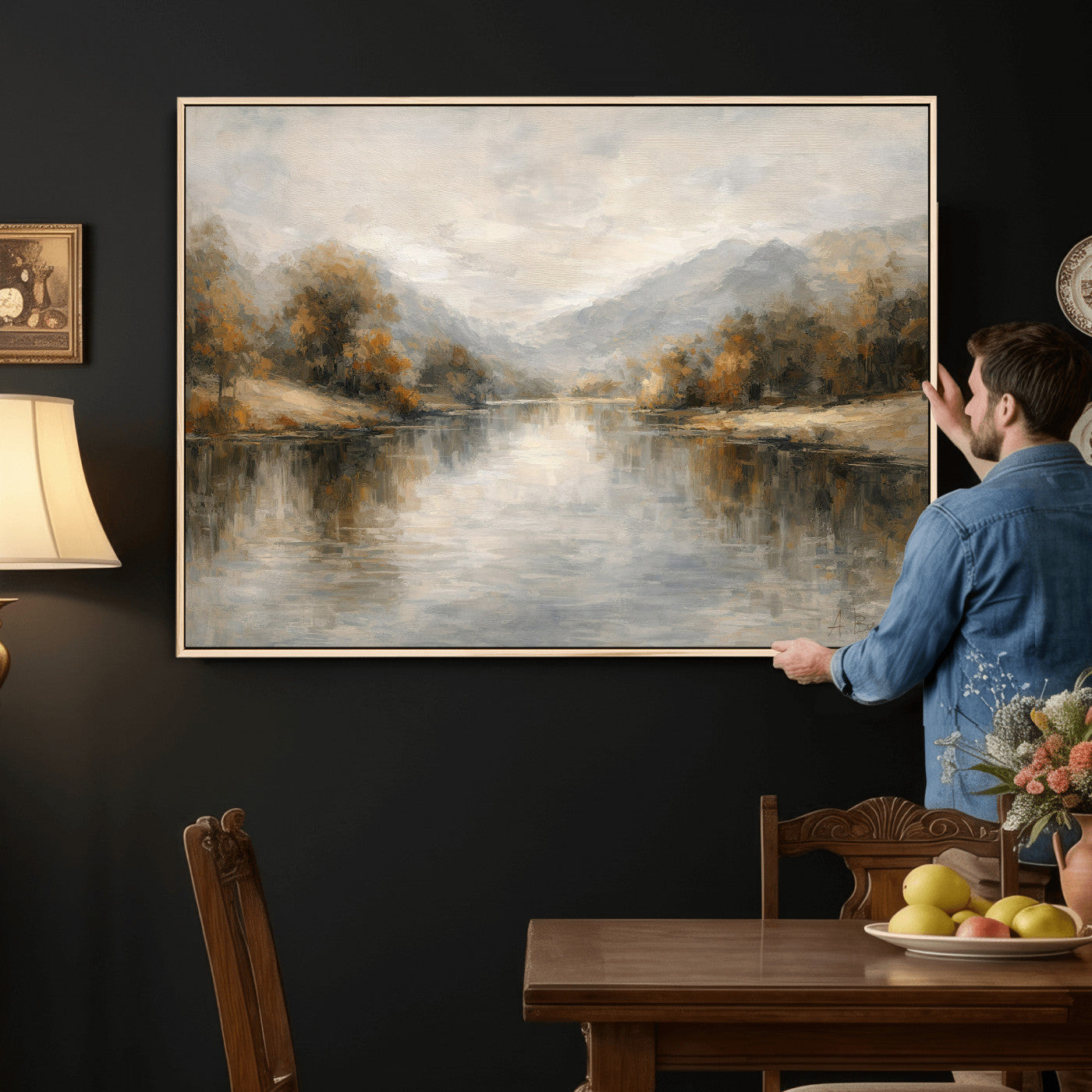 29251761-MGV-CV-36X24 - Neutral Abstract River Landscape Wall Art Canvas Print, Modern Minimal Nature Reflection Canvas Print, Beige Gray Contemporary Mountain Art Printing