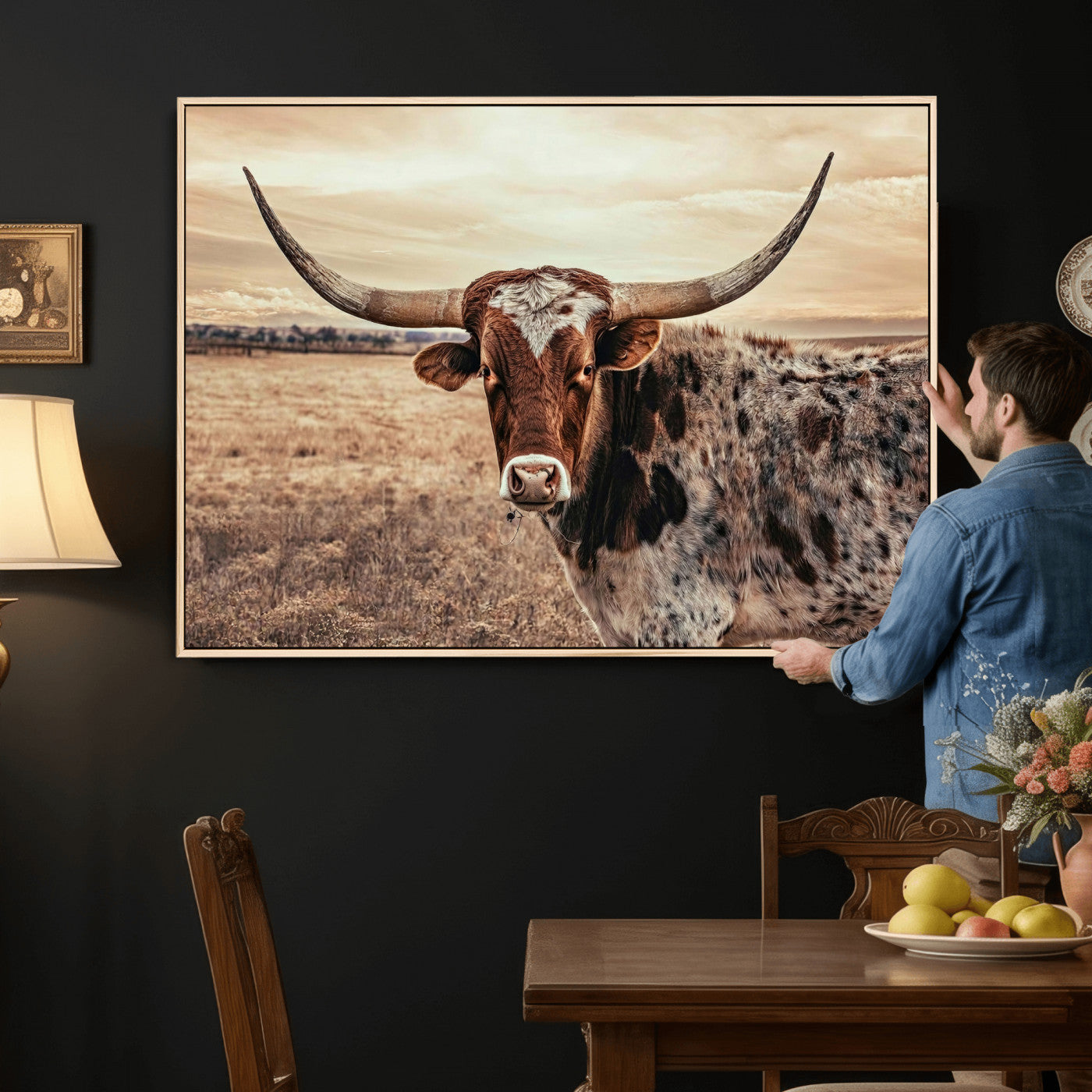 55805825-MGV-CV-36X24 - Texas Longhorn Wall Art Canvas Print – Western Cattle Ranch Artwork for Rustic Farmhouse Decor