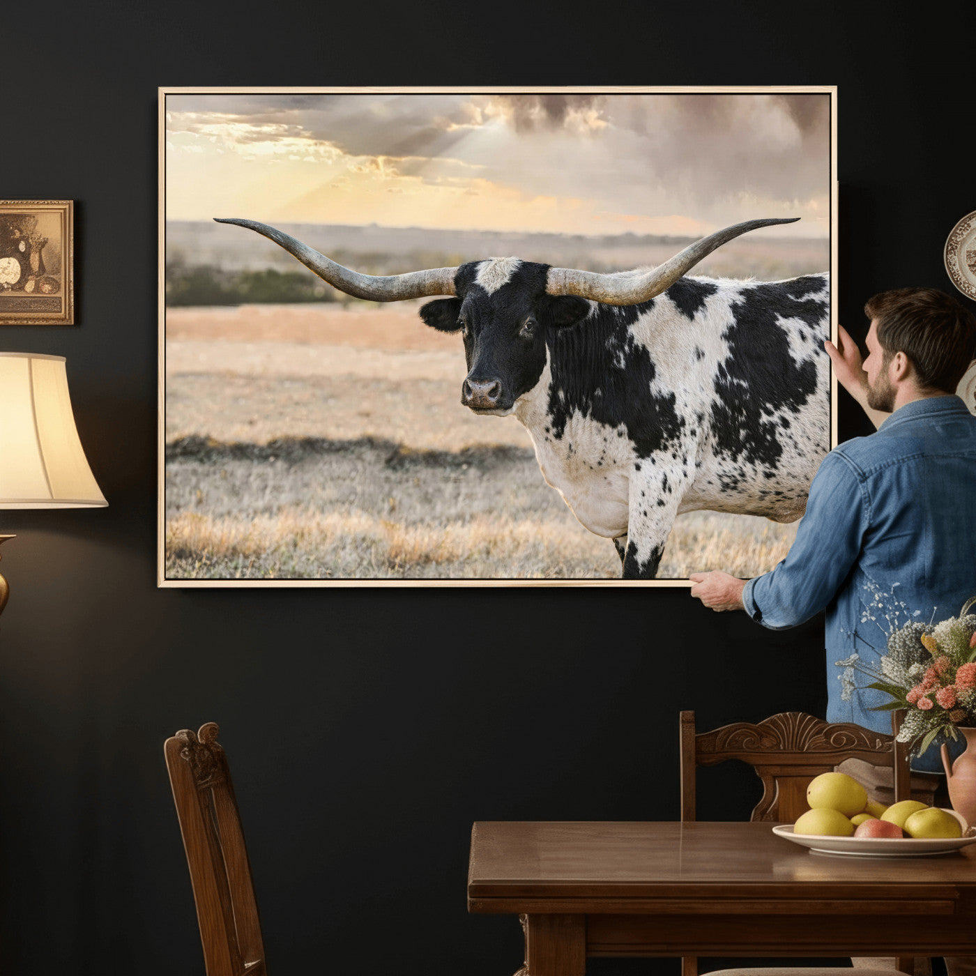 49350433-MGV-CV-36X24 - Texas Longhorn Bull Rustic Wall Art Canvas Print, Western Cattle Photography Canvas Print, Ranch Farm Animal Western Art Printing
