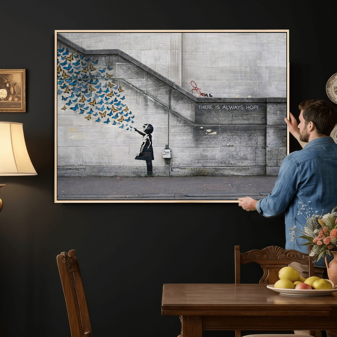 15274223-MGV-CV-36X24 - Banksy Girl with Butterflies Street Art Wall Art Canvas Print, Hope Graffiti Urban Art Canvas Print, Minimalist Inspirational Street Art Contemporary Art Printing