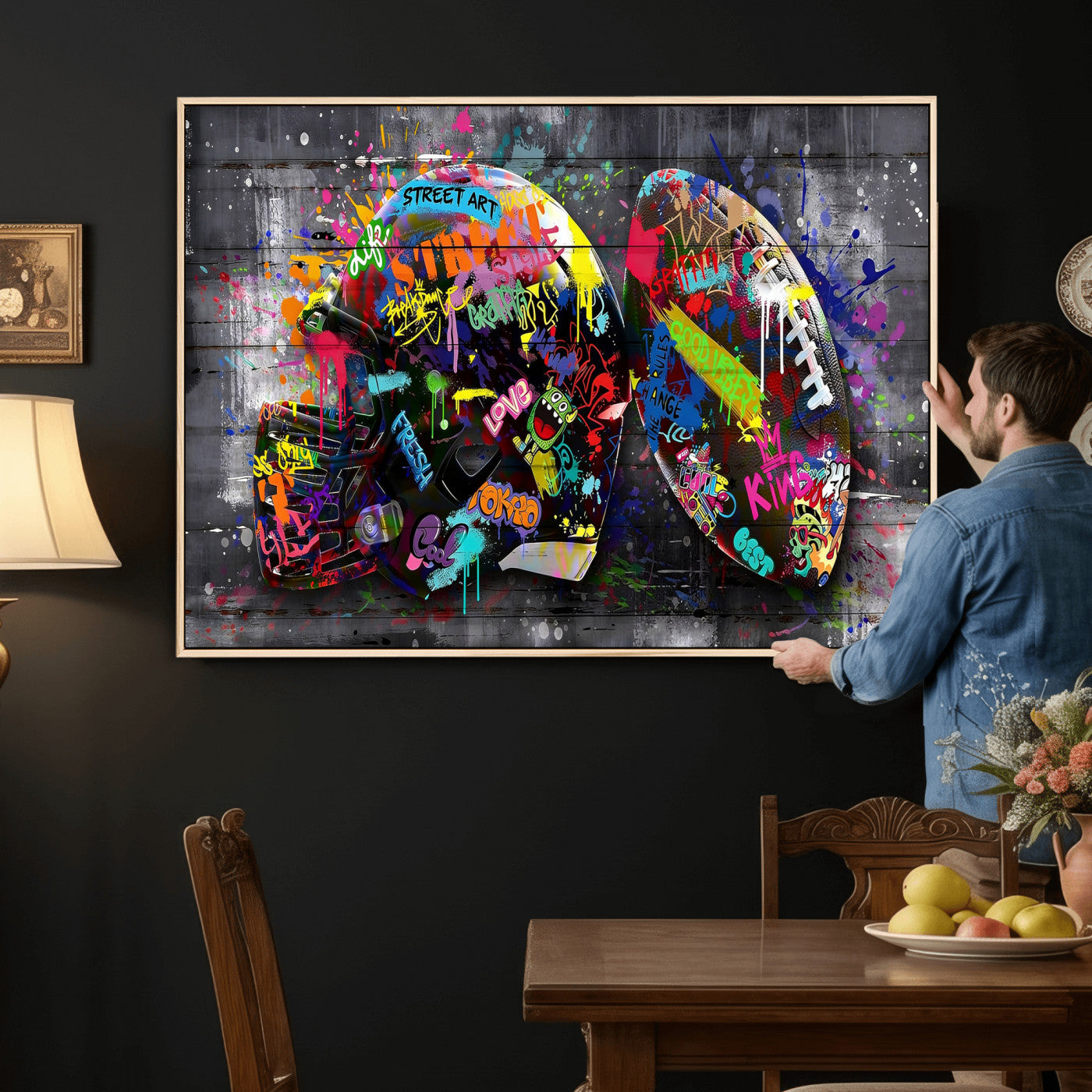 80540773-MGV-CV-36X24 - Graffiti American Football Helmet Street Art Wall Art Canvas Print, Urban Sports Pop Art Football Canvas Print, Colorful Graffiti Sports Contemporary Art Printing