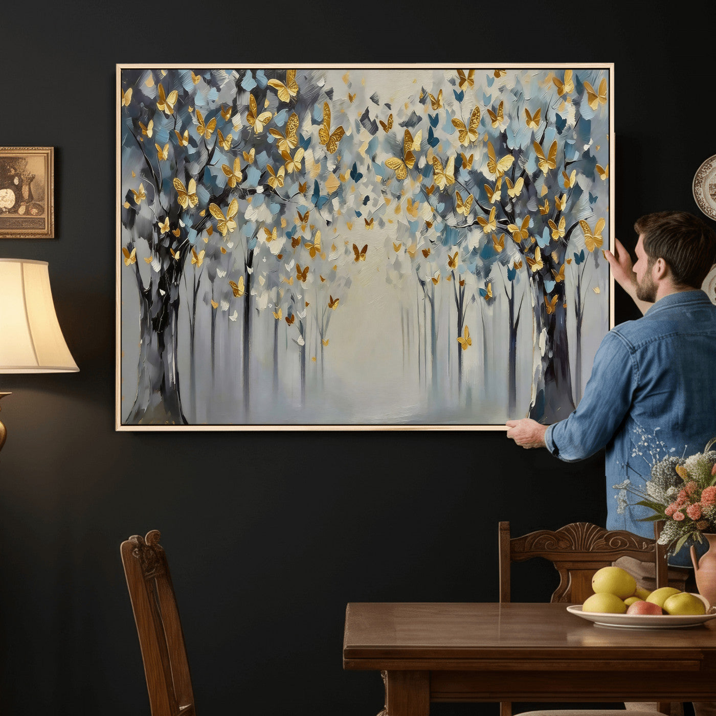 79208191-MGV-CV-36X24 - Golden Butterfly Tree Abstract Wall Art Canvas Print, Modern Elegant Nature Painting Canvas Print, Blue Gold Contemporary Floral Art Printing