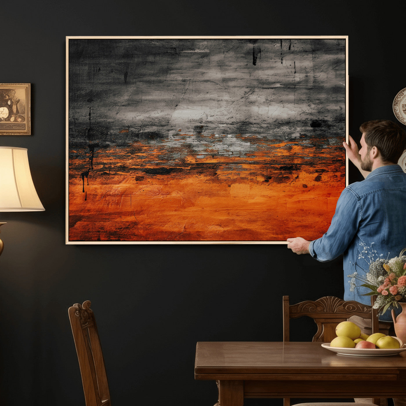 75409282-MGV-CV-36X24 - Black Orange Abstract Wall Art Canvas Print Modern Textured Painting Decor