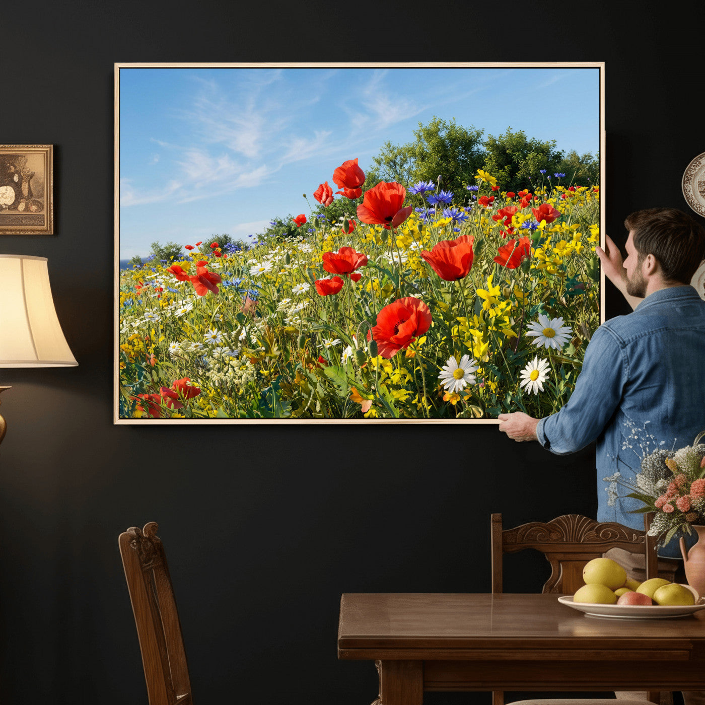38570784-MGV-CV-36X24 - Wildflower Meadow Wall Art Canvas Print – Colorful Poppy and Daisy Field Landscape Artwork for Living Room Decor