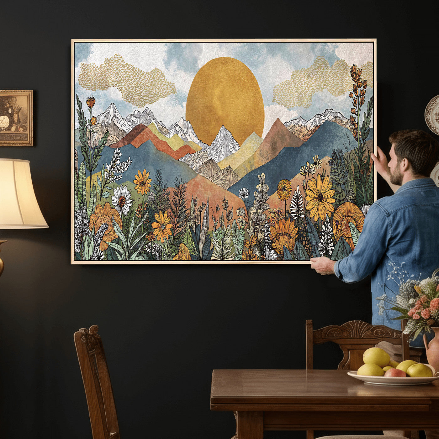 17540863-MGV-CV-36X24 - Boho Mountain Landscape Large Wall Art, Horizontal Gold Framed Canvas Print with Sun and Flowers