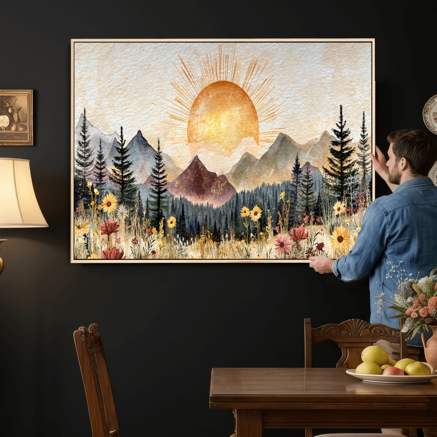 69025244-MGV-CV-36X24 - Boho Mountain Landscape Large Wall Art, Horizontal Gold Framed Canvas Print with Sun and Flowers