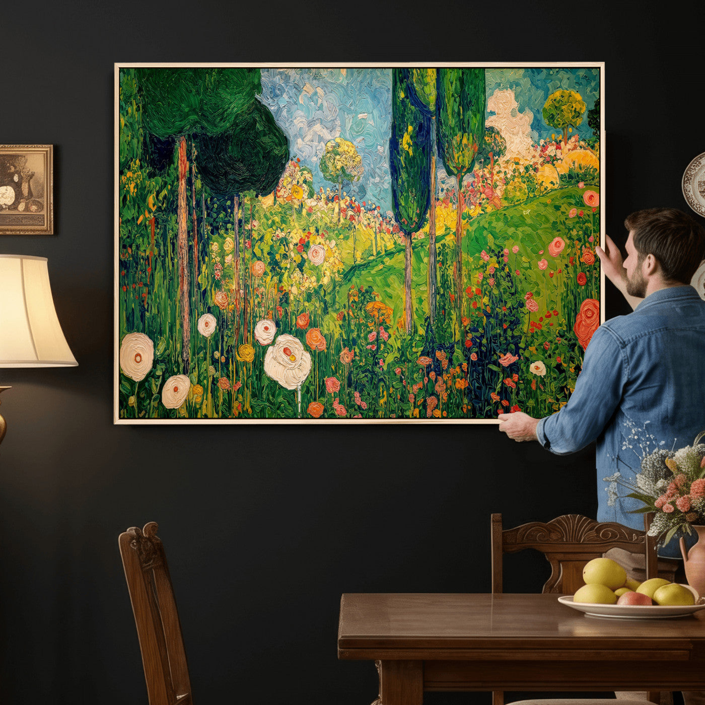 83517974-MGV-CV-36X24 - Gustav Klimt Boho Mountain Landscape Large Wall Art, Horizontal Gold Framed Canvas Print with Sun and Flowers