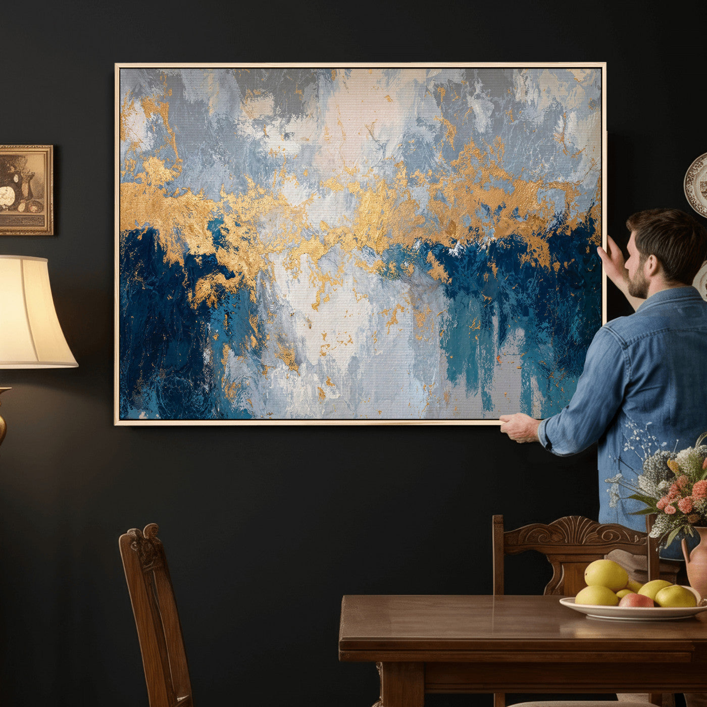 65386119-MGV-CV-36X24 - Blue Gold Abstract Large Framed Canvas Wall Art, Modern Luxury Painting Print in Horizontal Oversized Minimal Wall Decor Artwork