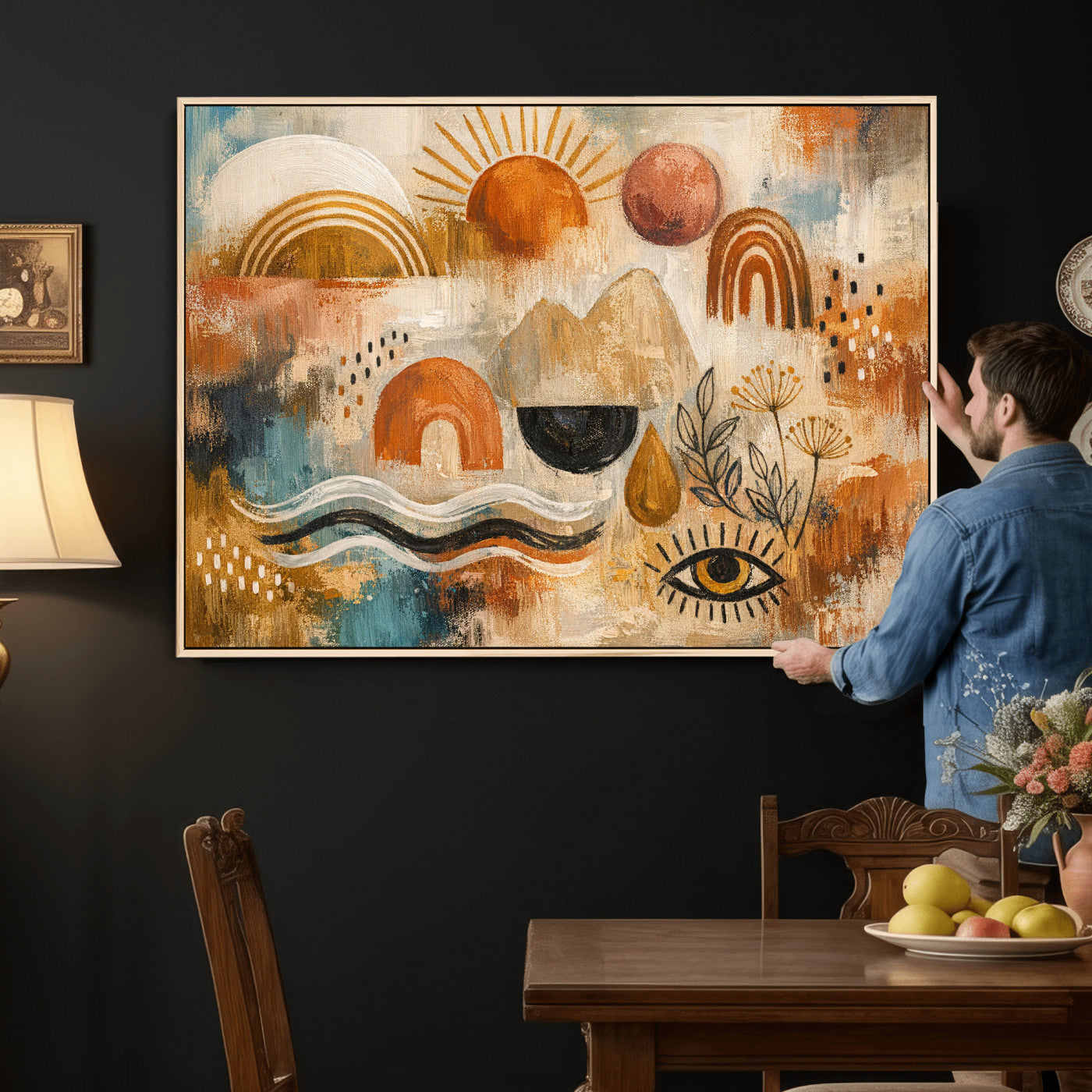 52155239-MGV-CV-36X24 - Geometric Boho Abstract Wall Art Canvas Print, Orange Blue Abstract Expressionist Painting Print, Modern Geometric Abstract Canvas Art