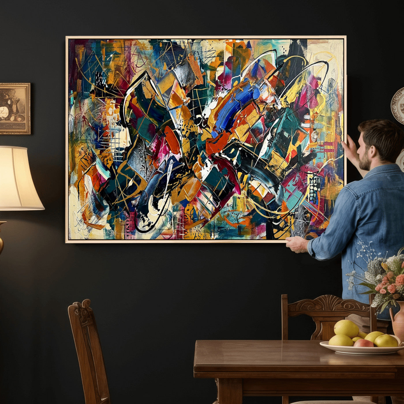 15525527-MGV-CV-36X24 - Geometric Abstract Wall Art Canvas Print, Orange Blue Abstract Expressionist Painting Print, Modern Geometric Abstract Canvas Art