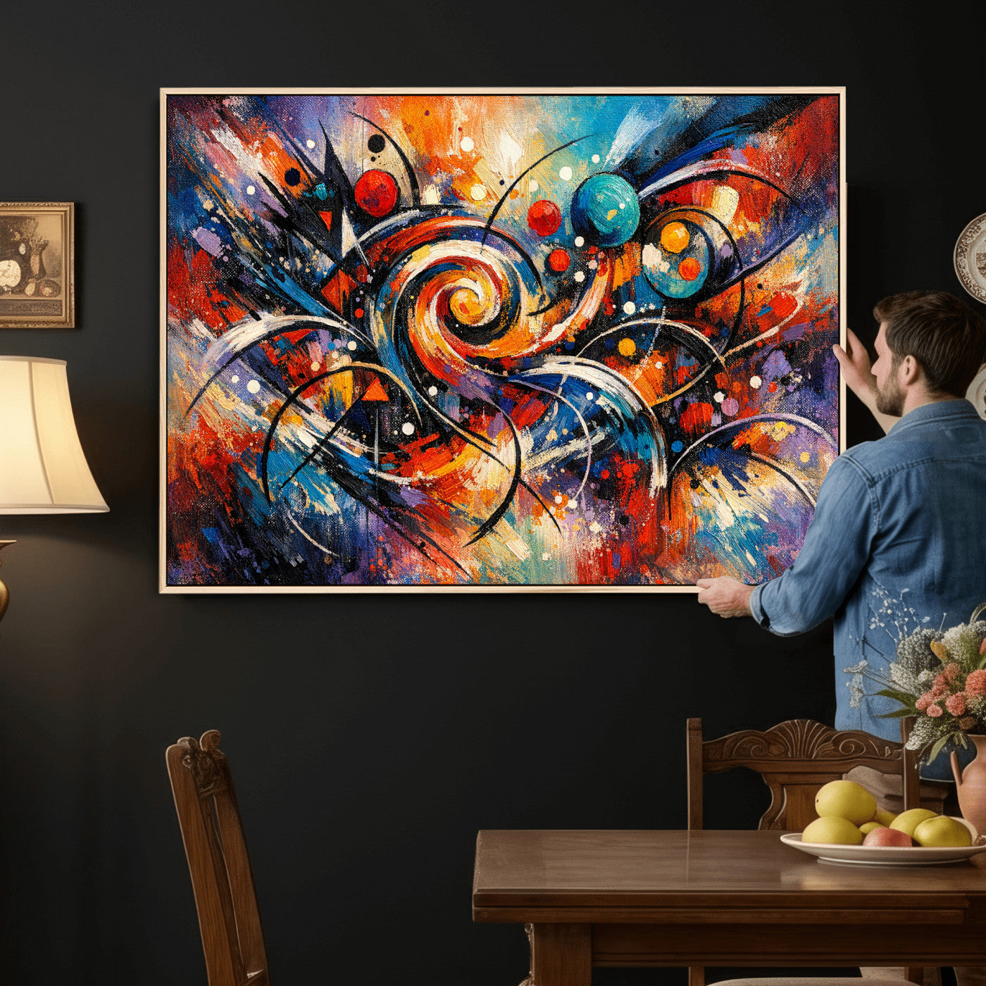 60193267-MGV-CV-36X24 - Geometric Abstract Wall Art Canvas Print, Orange Blue Abstract Expressionist Painting Print, Modern Geometric Abstract Canvas Art