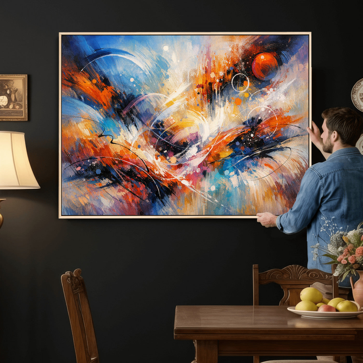 47770355-MGV-CV-36X24 - Geometric Abstract Wall Art Canvas Print, Orange Blue Abstract Expressionist Painting Print, Modern Geometric Abstract Canvas Art
