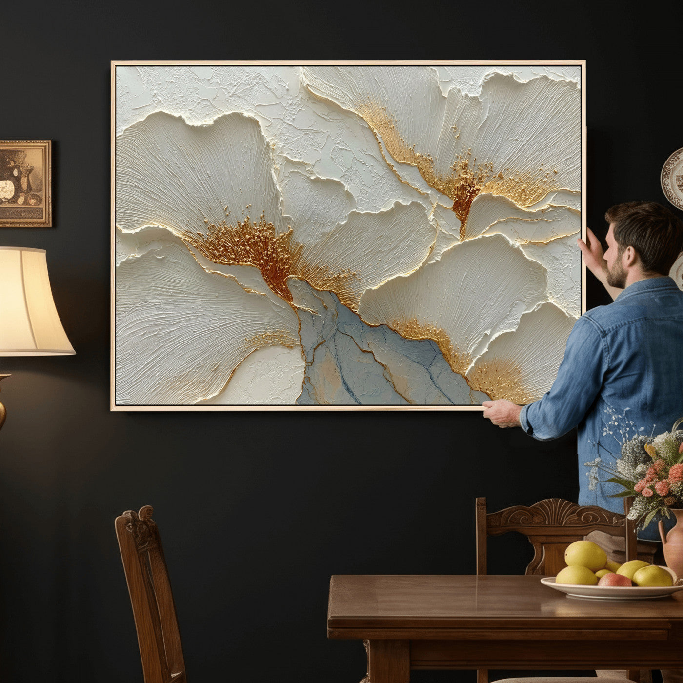 4712069F1-MGV-CV-36X24 - White Gold Floral Canvas Wall Art — Textured Flower Print | Luxury Botanical Decor | Elegant Bedroom Art | Gold Leaf Wall Art Gift