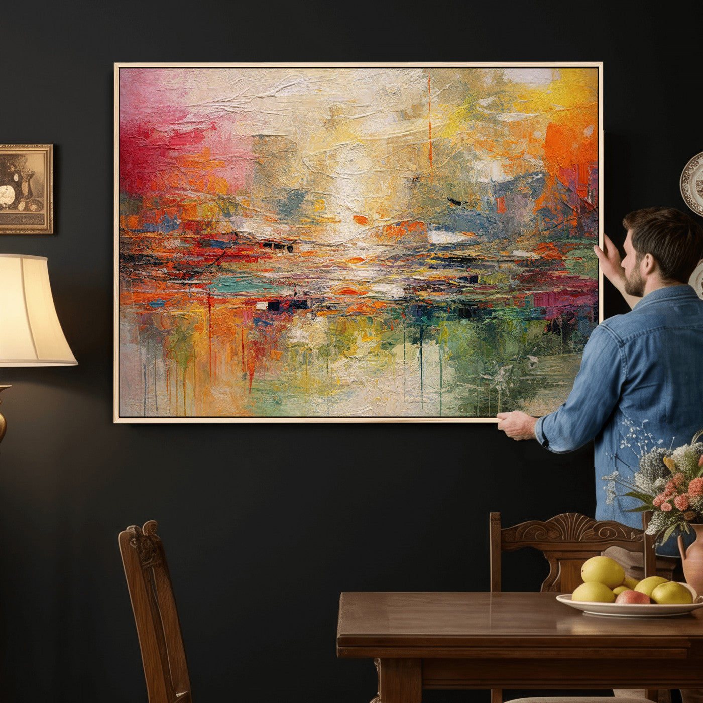 4712069P1-MGV-CV-36X24 - Colorful Abstract Canvas Wall Art — Large Textured Oil Painting Style Print | Orange Red Boho Wall Decor | Modern Living Room Art | Bold Wall Art