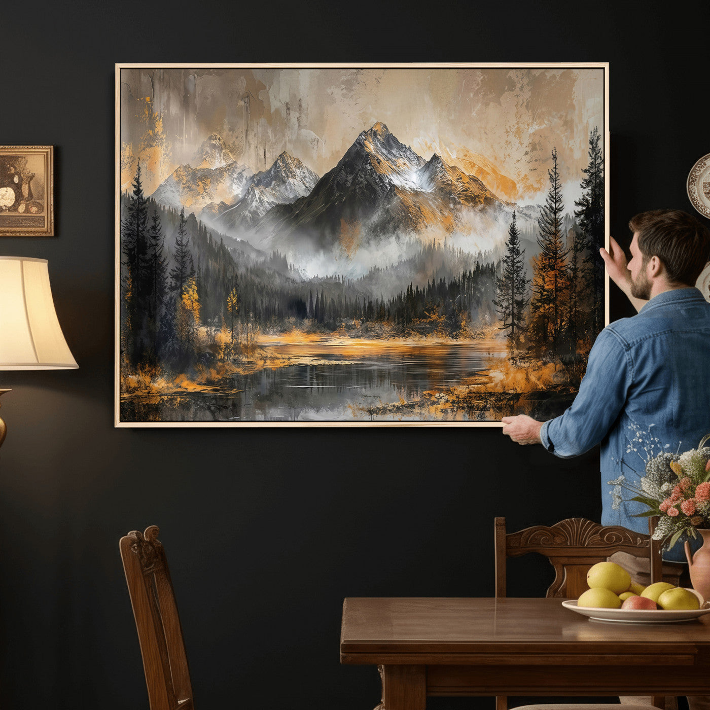 4712069D1-MGV-CV-36X24 - Mountain Lake Canvas Wall Art — Rustic Forest Landscape Print | Gold Grey Nature Decor | Cabin Wall Art | Large Wilderness Art Print Gift