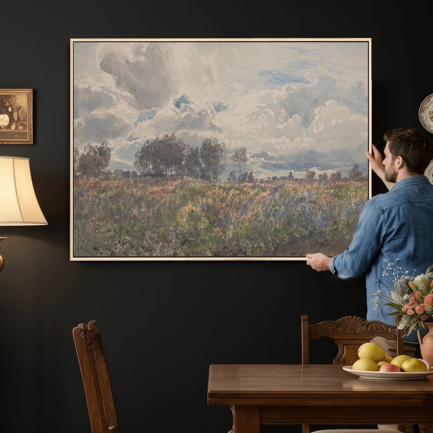 76626885-MGV-CV-36X24 - Vintage Watercolor Meadow Canvas Wall Art — English Pastoral Wildflower Storm Sky Print | Cottagecore Nature Decor | Classic Landscape Gift