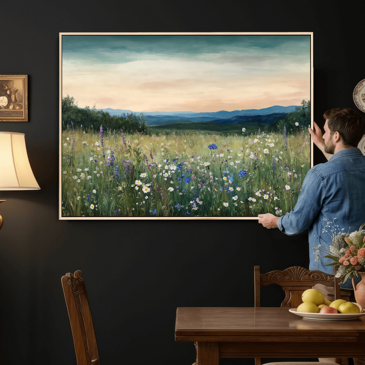 35773805-MGV-CV-36X24 - Wildflower Meadow Oil Painting Canvas — Daisy Lavender Mountain Sunset Print | Cottagecore Floral Wall Art | Bedroom Decor Gift for Her