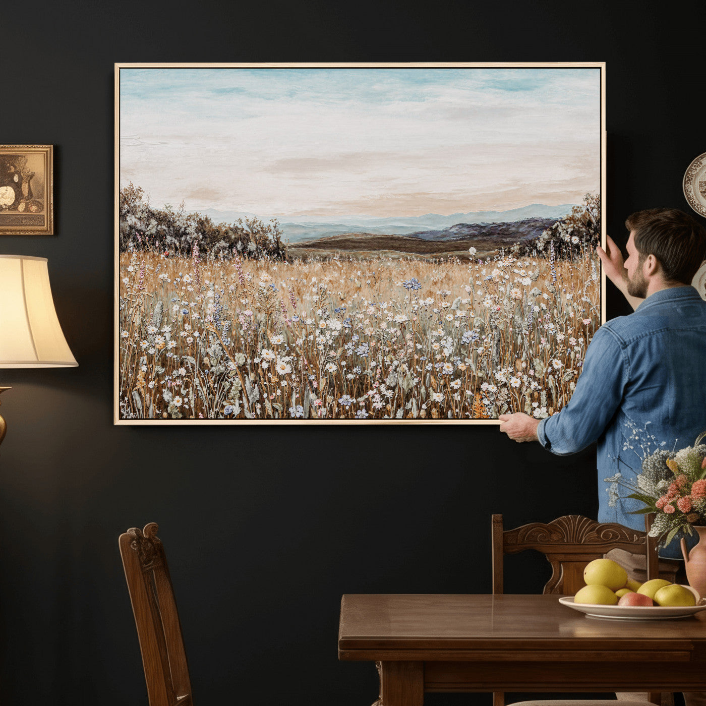 F35773805-MGV-CV-36X24 - Neutral Wildflower Field Canvas Wall Art — Beige Earth Tone Botanical Meadow Print | Farmhouse Boho Decor | Bedroom Living Room Gift Her