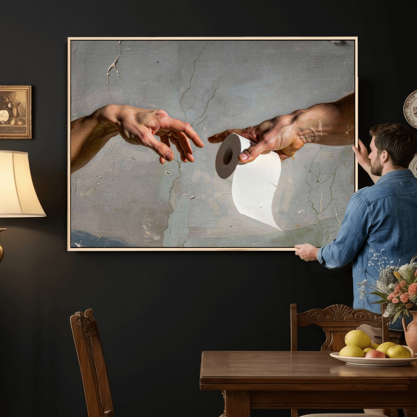 72030048-MGV-CV-36X24 - Funny Bathroom Wall Art Canvas, Creation of Toilet Paper Parody Print, Renaissance Humor Decor, Toilet Room Art, Quirky Housewarming Gift, Classic Art Spoof