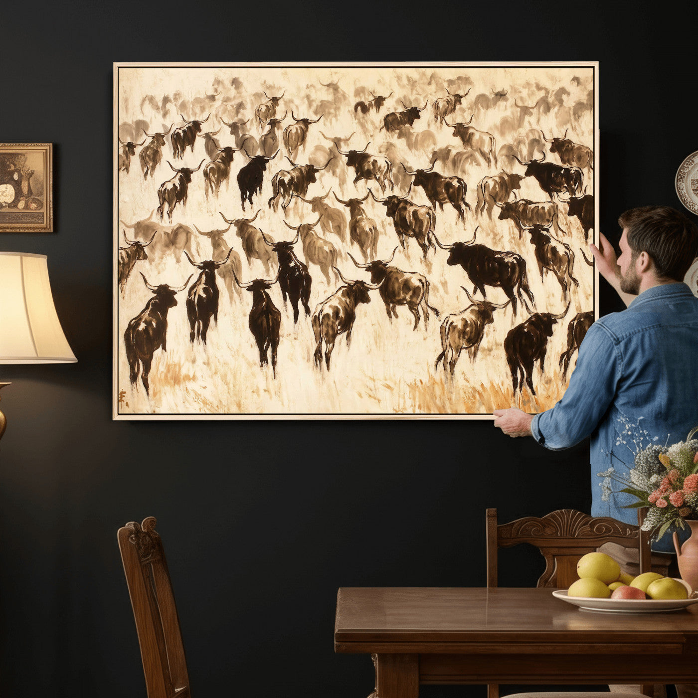 39077774-MGV-CV-36X24 - Texas Longhorn Sepia Canvas Wall Art, Western Cattle Stampede Painting Print, Warm Amber Ranch Decor, Rustic Cowboy Home Art, Large Living Room Decor