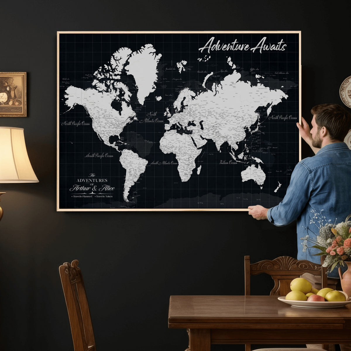 19855445B-MGV-CV-36X24 - Personalized Black Push Pin Travel Map Canvas Print, Couples Countries Visited Map, Entryway and Hallway Decor