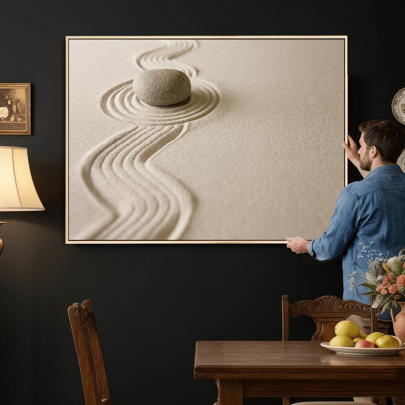 66852661-MGV-CV-36X24 - Zen Garden Stone Sand Canvas | Japanese Rock Garden Wall Art | Minimalist Meditation Print | Neutral Beige Mindfulness Decor