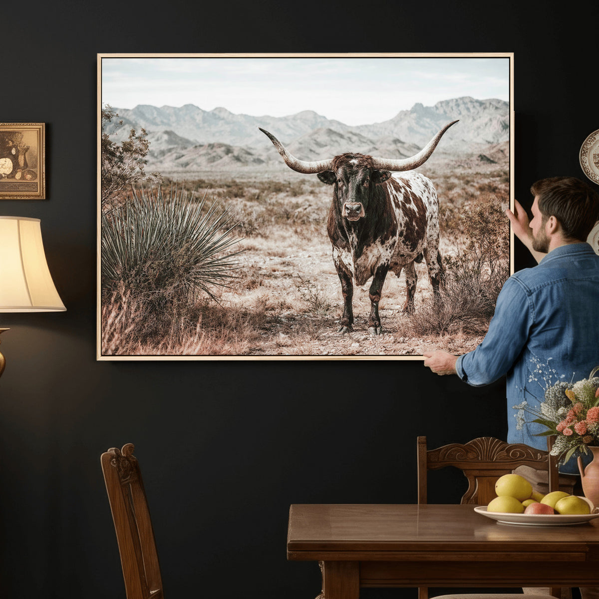 17622011H-MGV-CV-36X24 - Texas Longhorn Bull Wall Art Canvas Print, Western Farmhouse Cowboy Decor, Rustic Texas Ranch Cattle Artwork for Living Room Bedroom Office, Framed Wall Decor
