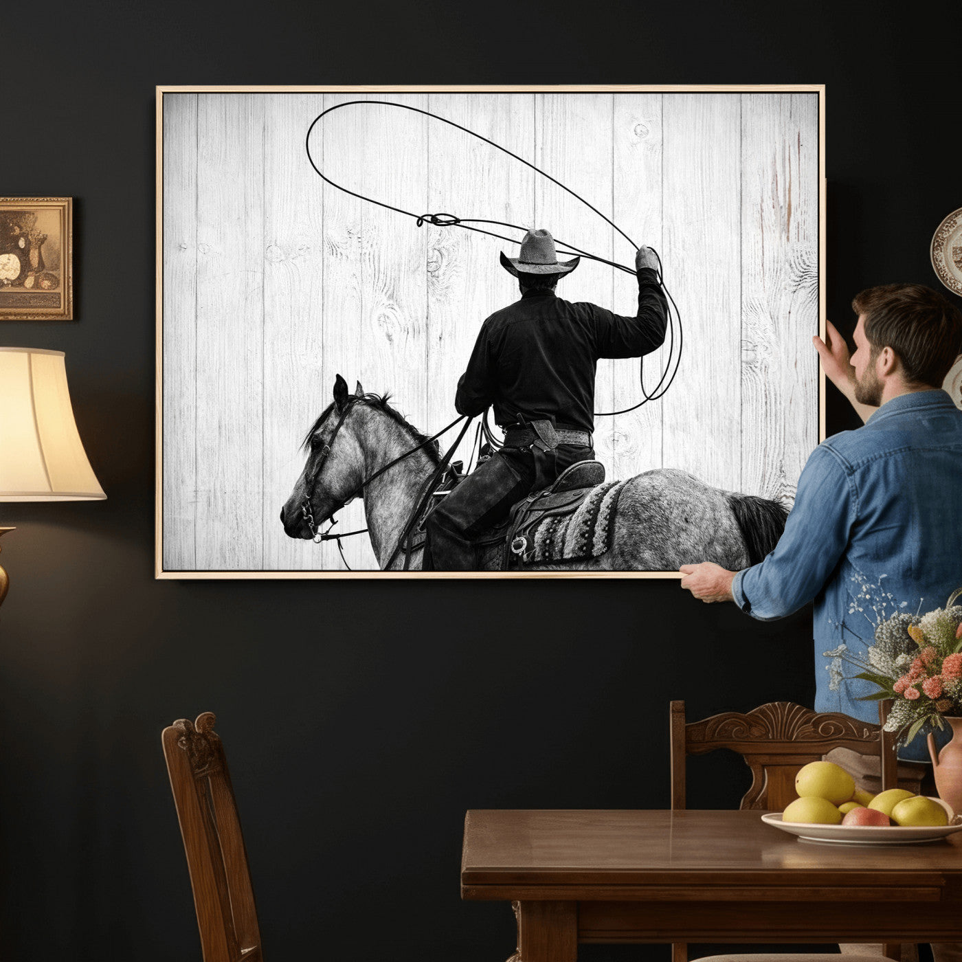 22569358-MGV-CV-36X24 - Cowboy Lasso Canvas Wall Art, Black White Western Horse Photo Print, Rustic Ranch Rodeo Decor, Farmhouse Western Art, Cowboy Gift for Him