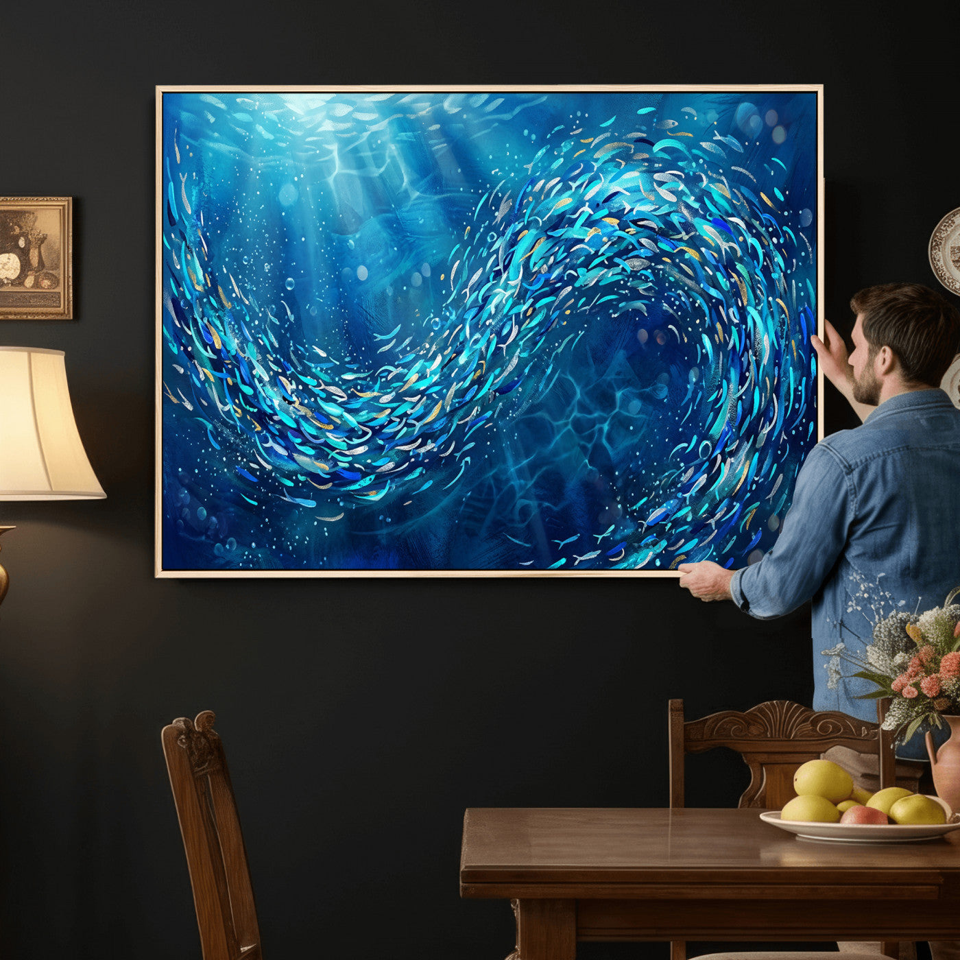 54535639-MGV-CV-36X24 - School of Fish Canvas Print | Blue Ocean Underwater Wall Art | Swirling Fish Shoal Illustration | Marine Navy Coastal Decor
