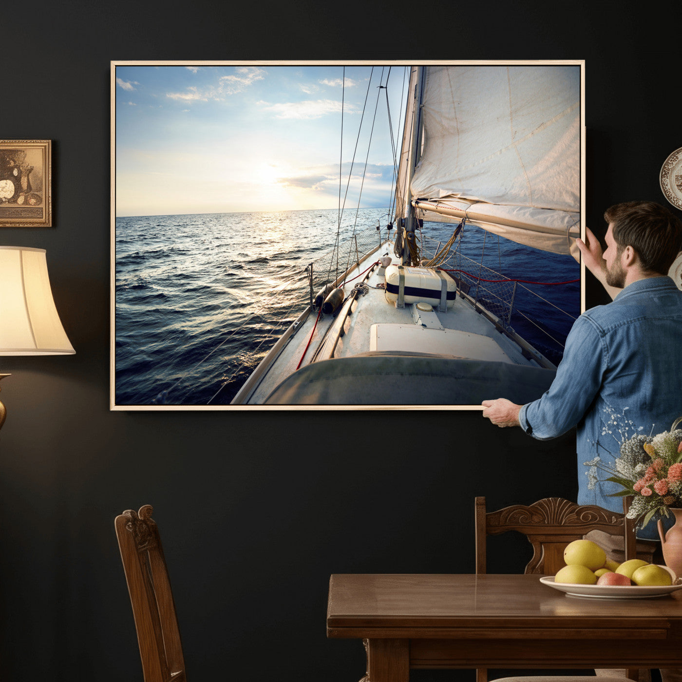 76381335-MGV-CV-36X24 - Sailboat Wall Art Canvas Print, Ocean Sunset Sailing Framed Artwork, Coastal Nautical Seascape Decor for Living Room Office Beach House