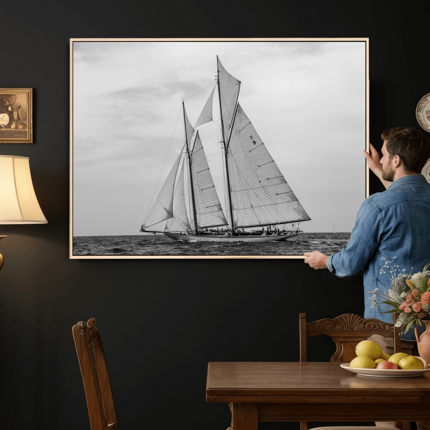 52882918-MGV-CV-36X24 - Vintage Sailboat Wall Art Canvas Print, Black and White Schooner Framed Artwork, Nautical Ocean Sailing Decor for Living Room Office Beach House