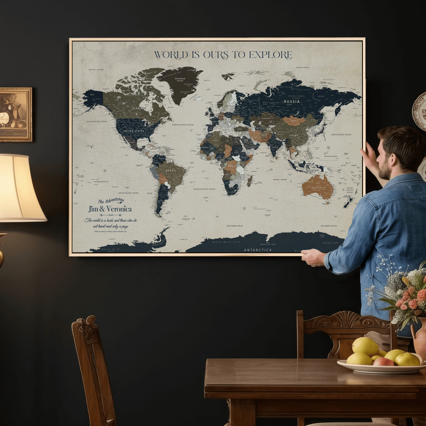 64110391126C-MGV-CV-36X24 - Custom Push Pin World Map Wall Art Canvas Print – Personalized Travel Tracker with Pins Framed Large for Home and Office Decor