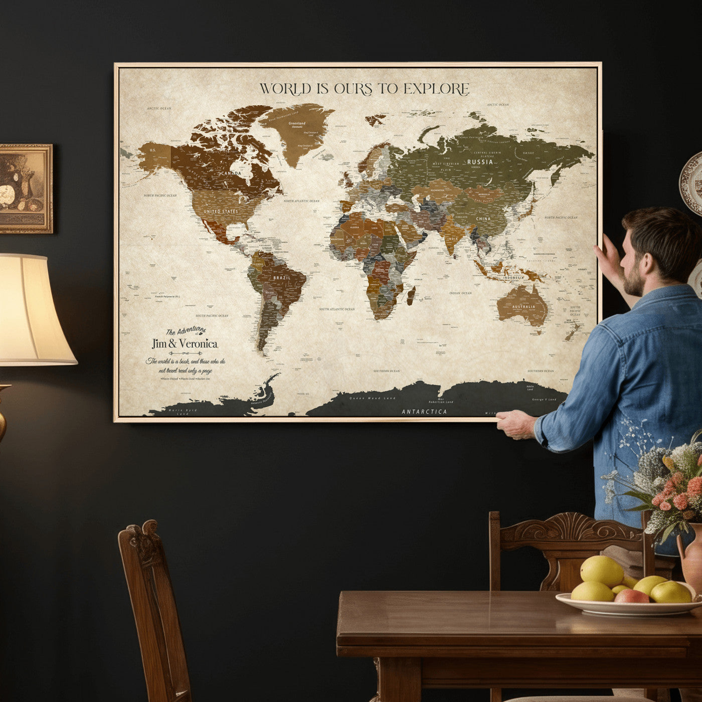 64110391126O-MGV-CV-36X24 - Custom Push Pin World Map Wall Art Canvas Print – Personalized Travel Tracker with Pins Framed Large for Home and Office Decor