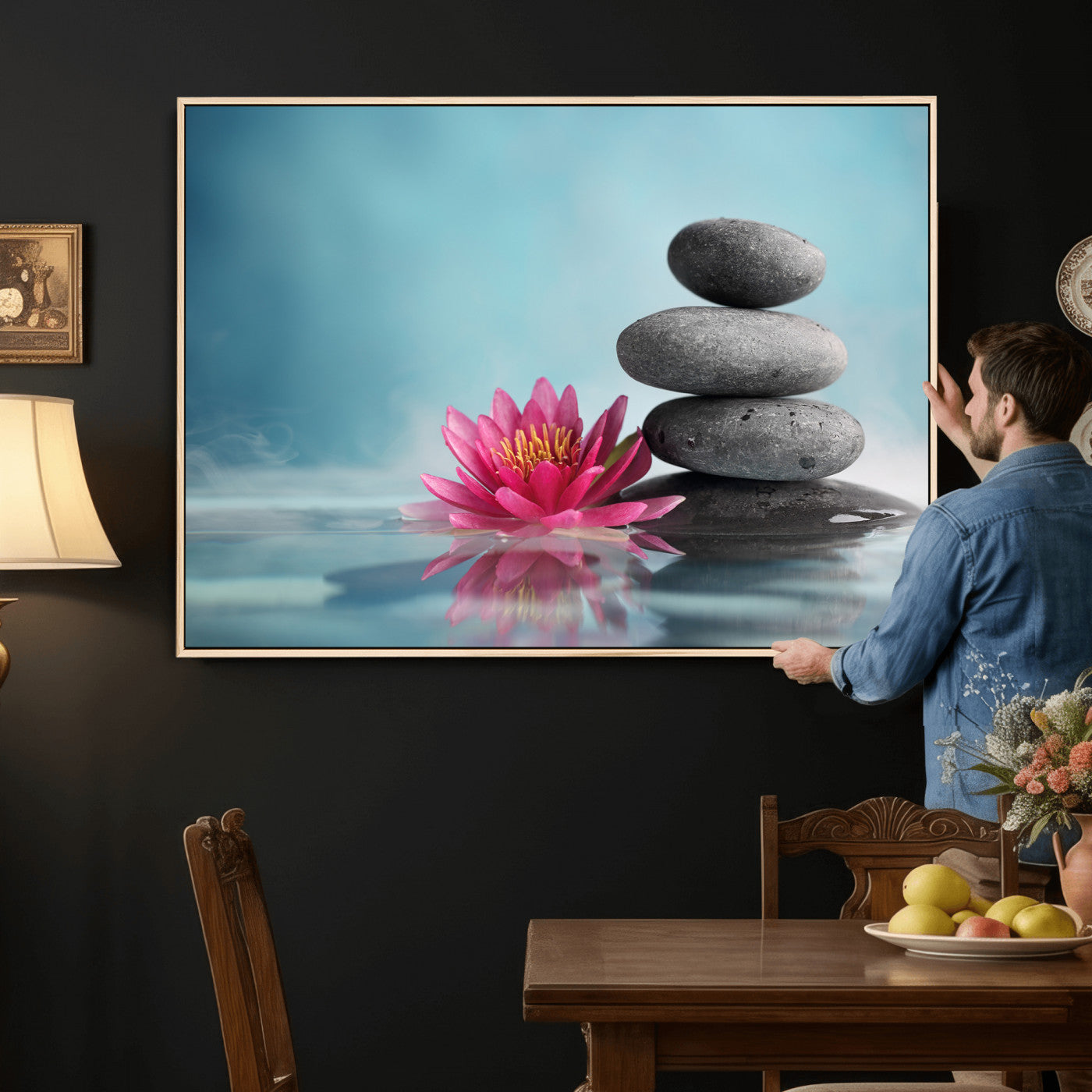 84293154-MGV-CV-36X24 - Zen Canvas Wall Art Lotus Flower Stacked Stones Teal Spa Meditation Relaxation Framed Large for Bathroom Bedroom Living Room Office Decor