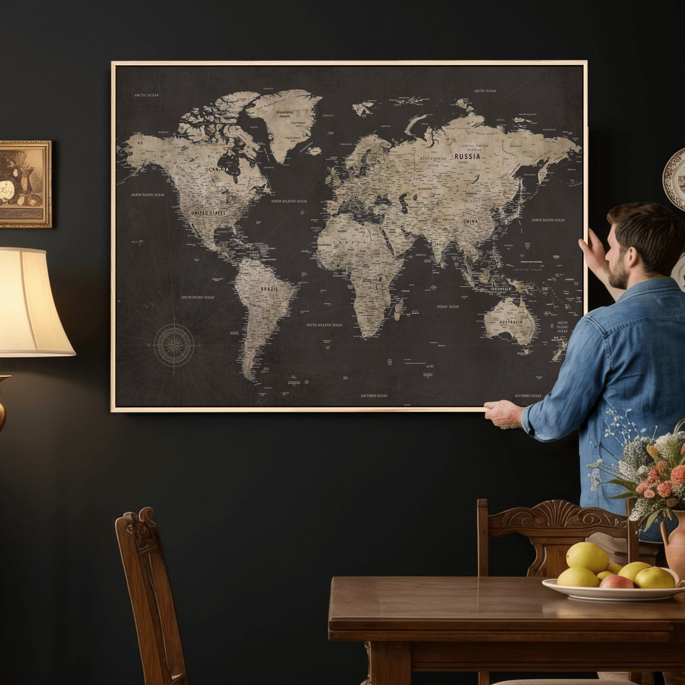 56556018136-MGV-CV-36X24 - World Map Canvas Wall Art Dark Charcoal Antique Tan Detailed Every Country Labeled Framed Large for Home Office Living Room Bedroom Decor