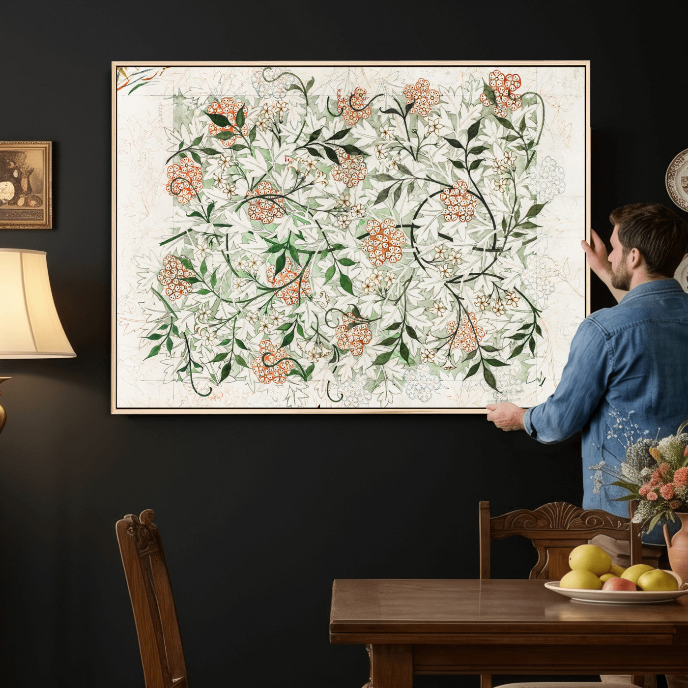 17622011W-MGV-CV-36X24 - William Morris Jasmine Flower Wall Art Canvas Print, Botanical Floral Canvas Print, Vintage Cottagecore Wall Decor, Framed Nature Artwork Ready to Hang