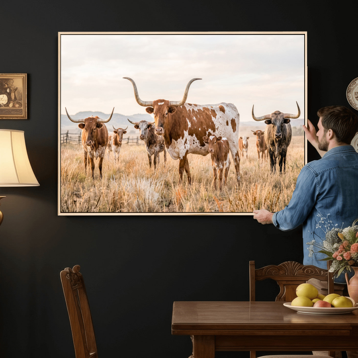 62336425AC-MGV-CV-36X24 - Texas Longhorn Canvas Wall Art, Rustic Farm Animal Photography Print, Farmhouse Country Decor, Western Ranch Art