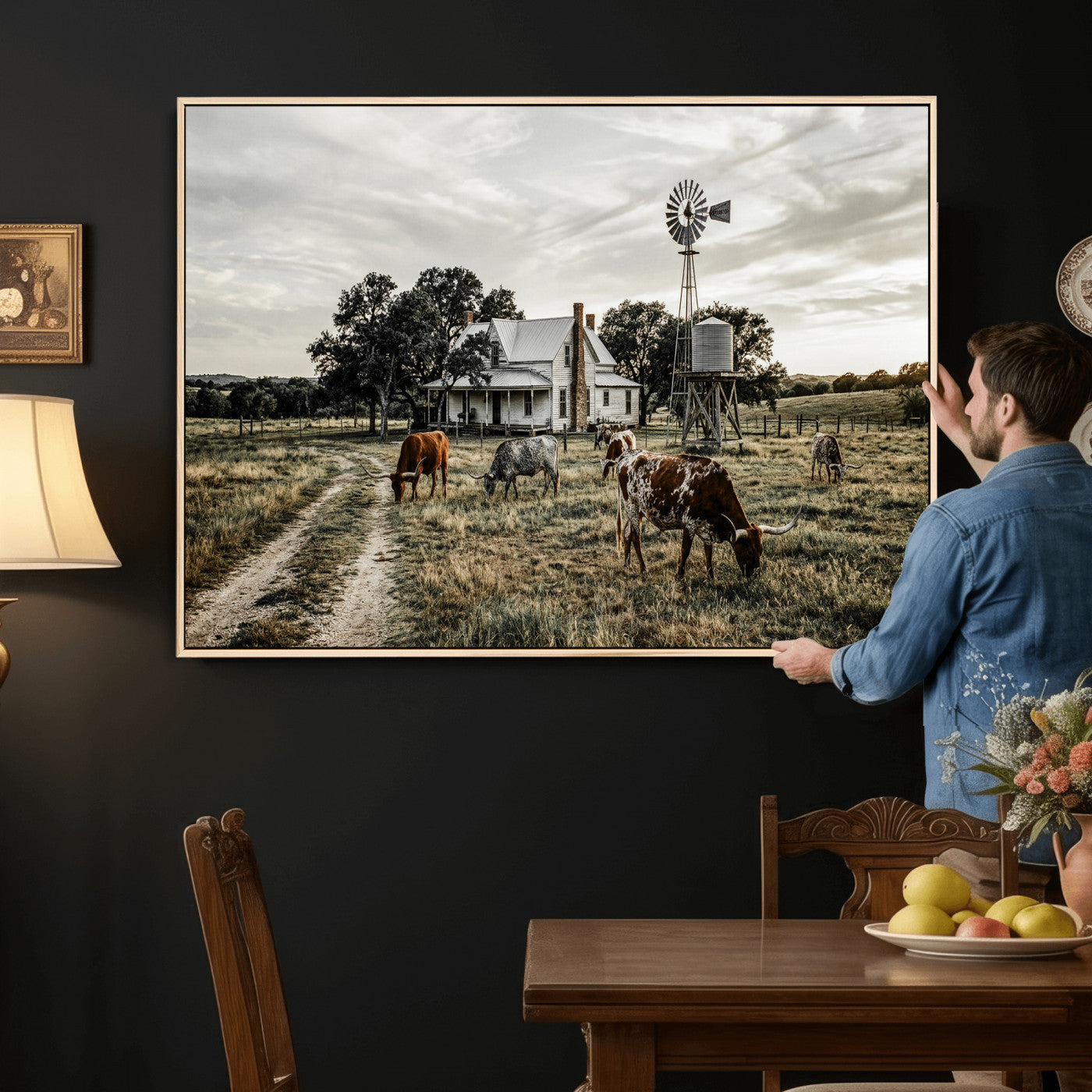 92429425-MGV-CV-36X24 - Texas Longhorn Ranch Wall Art Canvas Print, Rustic Western Farmhouse Decor, Country Landscape Canvas Wall Art, Vintage Cowboy Ranch Picture