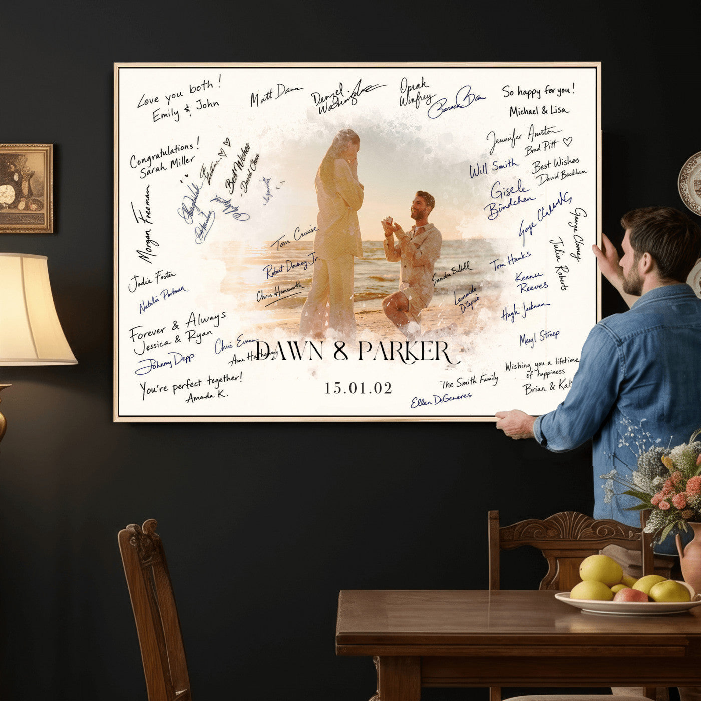 15696596-MGV-CV-36X24 - Wedding Guest Book Alternative Wall Art Canvas Print, Personalized Wedding Signature Poster, Custom Couple Photo Guestbook Canvas, Bridal Shower Reception Decor