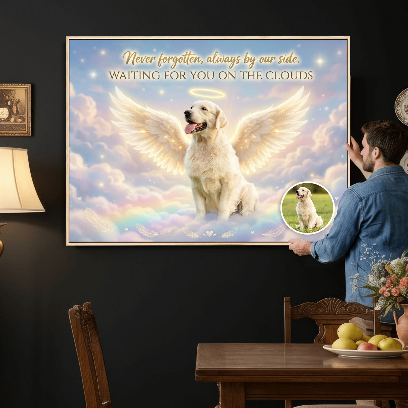 89664149-MGV-CV-36X24 - Pet Memorial Wall Art Canvas Print, Custom Dog Memorial Portrait, Personalized Angel Pet Loss Gift, Angel Wings Puppy Print
