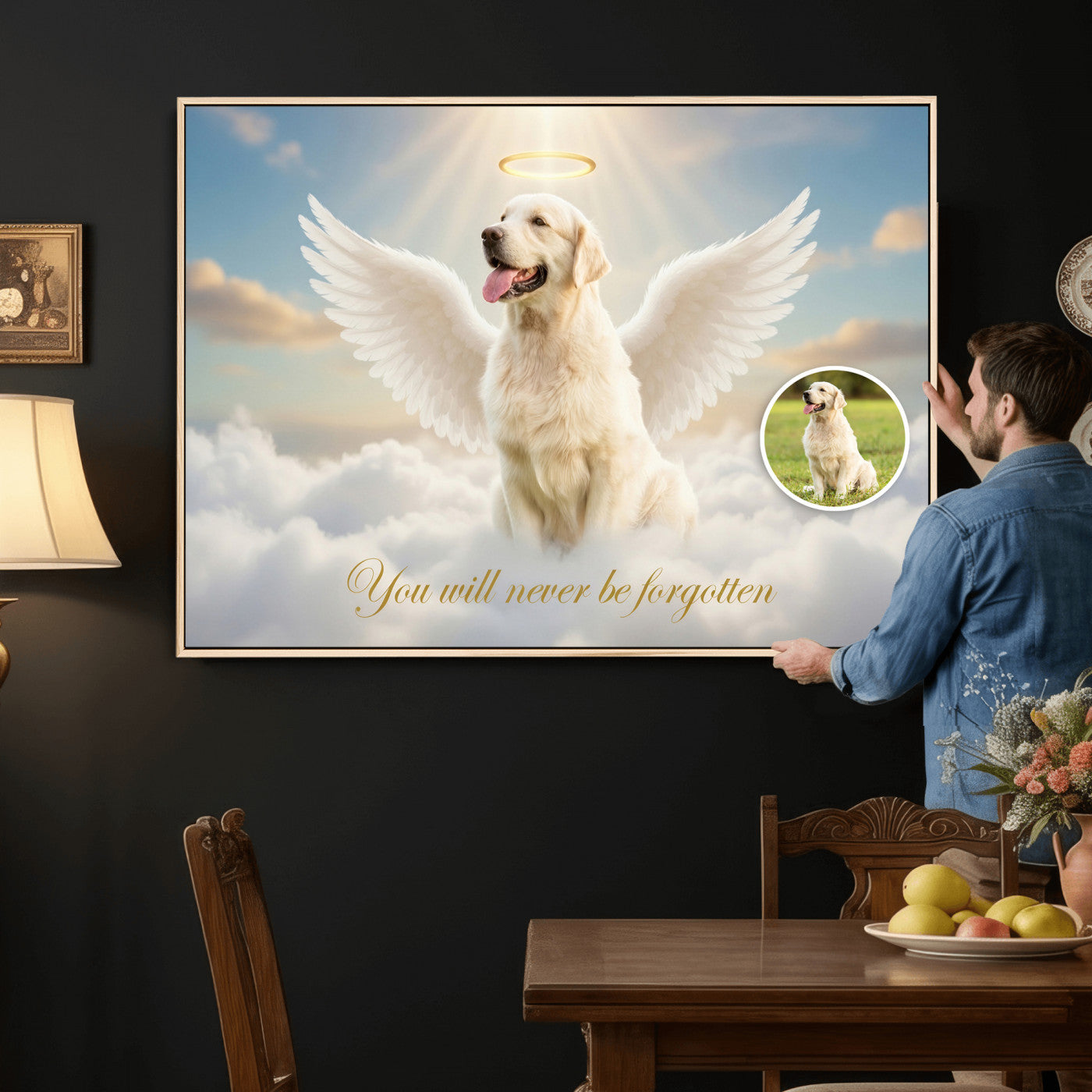 59821082-MGV-CV-36X24 - Pet Memorial Wall Art Canvas Print, Custom Dog Memorial Portrait, Personalized Angel Pet Loss Gift, Angel Wings Puppy Print