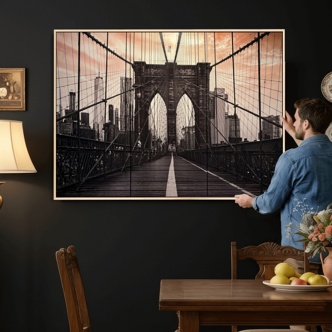 93226664-MGV-CV-36X24 - Brooklyn Bridge Canvas Wall Art, New York City Skyline Photography Print, NYC Landmark Urban Decor Artwork