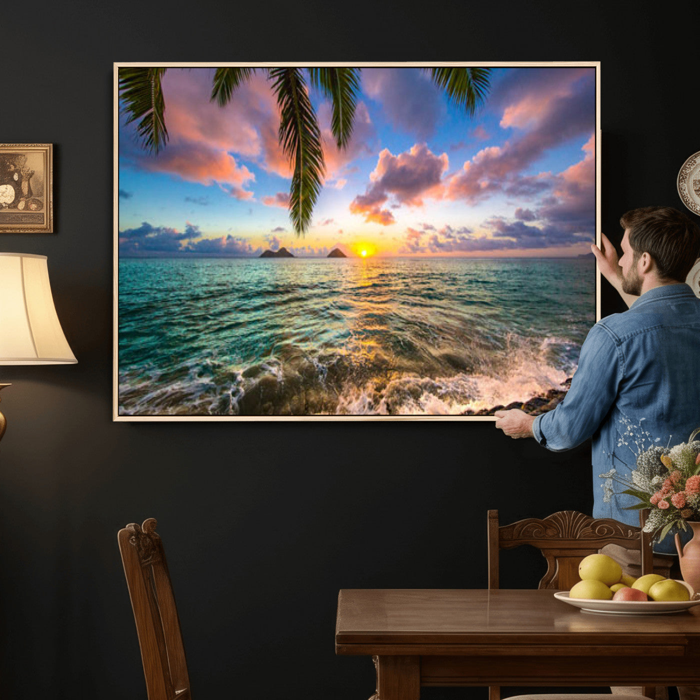 13207742-MGV-CV-36X24 - Hawaii Beach Sunset Canvas Wall Art Print, Tropical Ocean Landscape Artwork, Palm Tree Coastal Decor for Living Room Bedroom