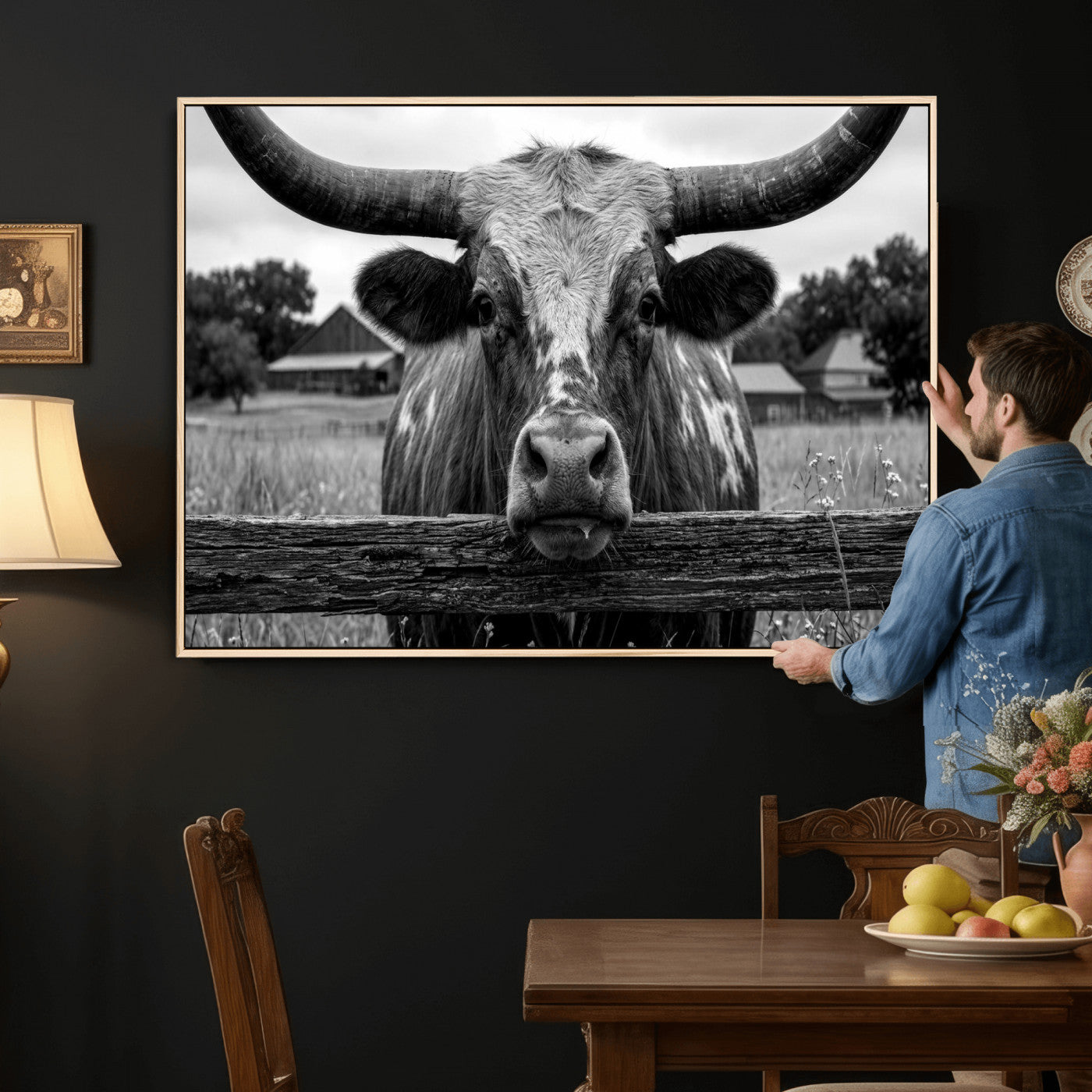 59378683B-MGV-CV-36X24 - Black White Texas Longhorn Bull Canvas Wall Art, Western Ranch Cattle Photography Print, Rustic Farmhouse Cowboy Decor Artwork