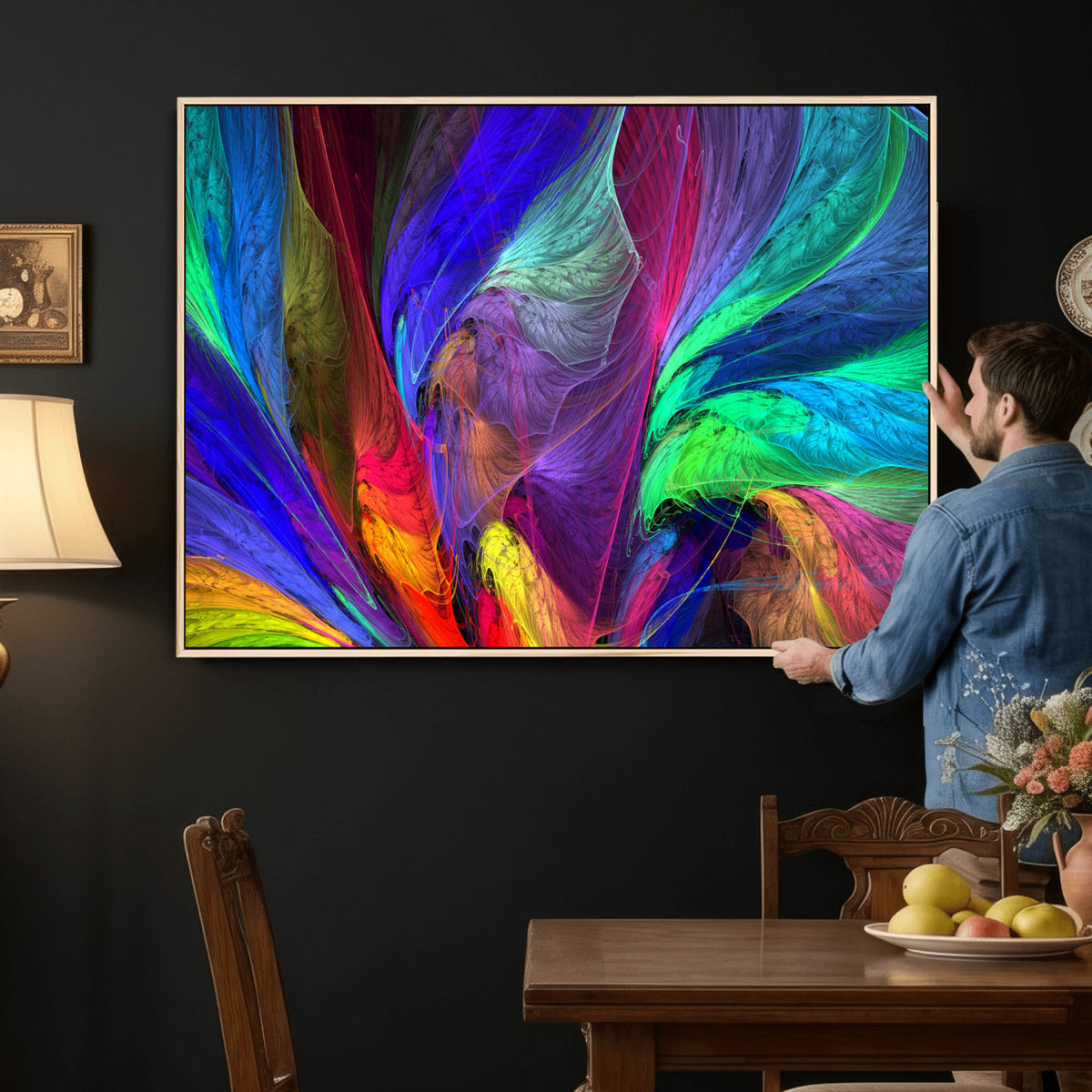 376925791-MGV-CV-36X24 - Colorful Abstract Canvas Wall Art, Rainbow Swirl Fractal Print, Bold Multicolor Living Room Decor, Vibrant Energy Art, Large Abstract Wall Art